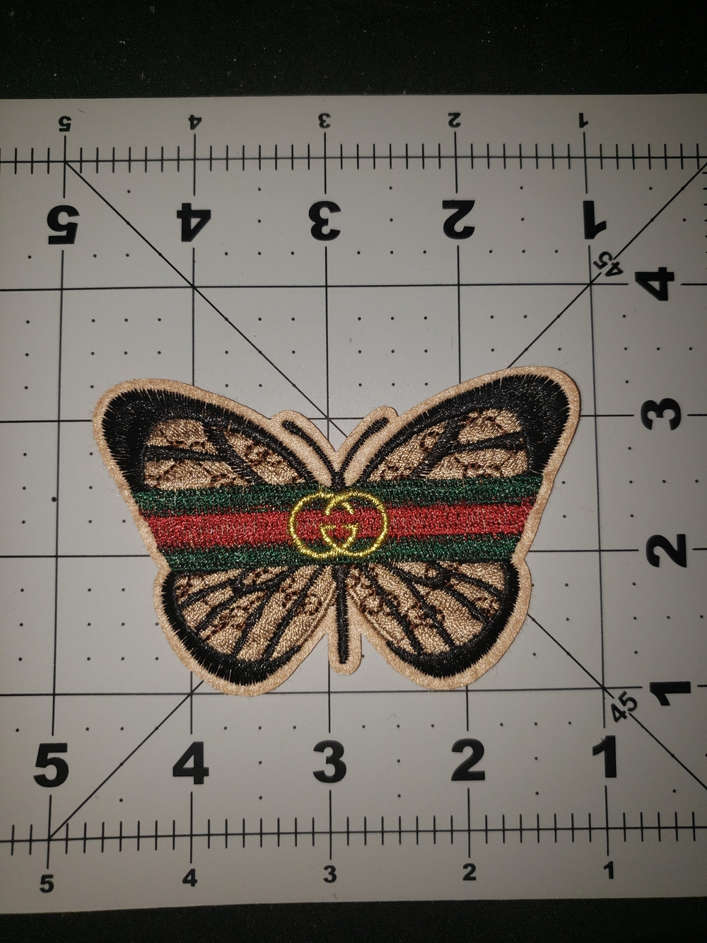 Designer-Inspired Butterfly Embroidered Patch in Beige, Black, Red & Green